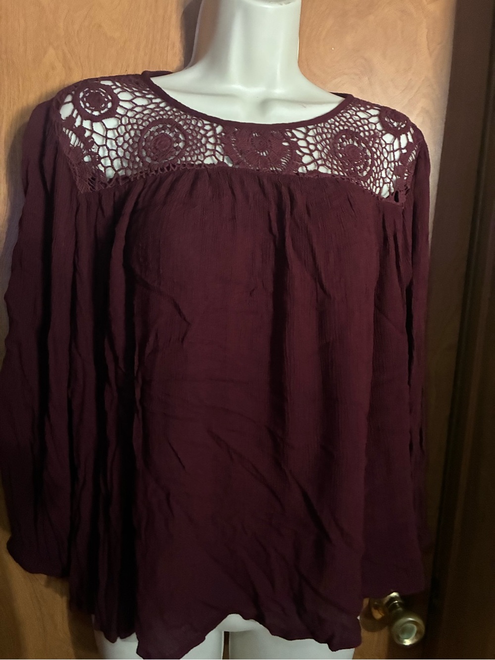 Women’s Lace Yoke Long-Sleeve Blouse - Burgundy